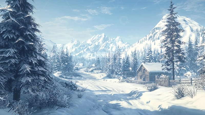 高清大图下载【趣麦麦图】雪山松树覆盖的冬日小镇