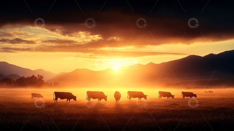 高清大图下载【趣麦麦图】牛群日出剪影