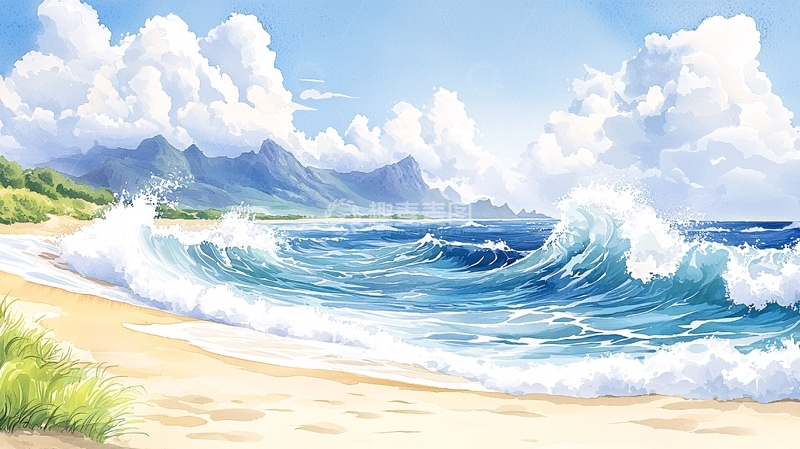 高清大图下载【趣麦麦图】阳光沙滩海浪的动漫场景