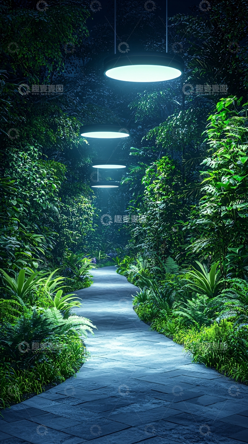 高清大图下载【趣麦麦图】夜间绿色植物小路