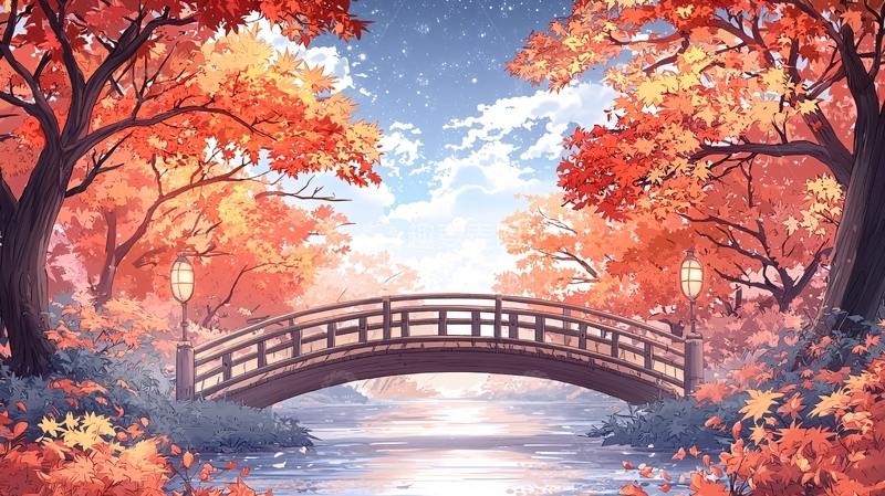 高清大图下载【趣麦麦图】秋日红叶下的桥