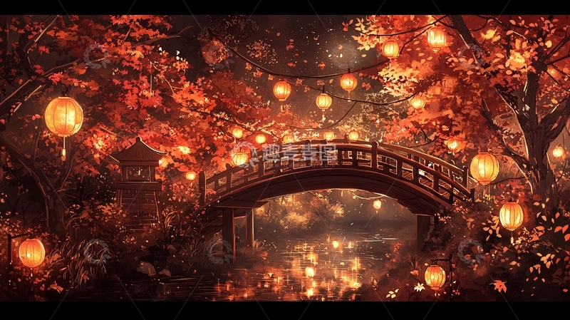 高清大图下载【趣麦麦图】秋夜灯笼桥高清图片
