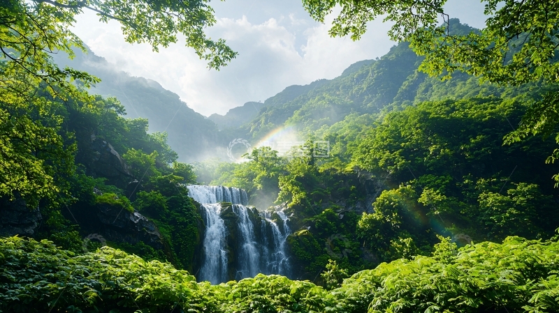 高清大图下载【趣麦麦图】茂密森林中的瀑布美景