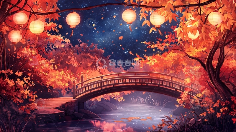 高清大图下载【趣麦麦图】梦幻灯笼小桥夜景