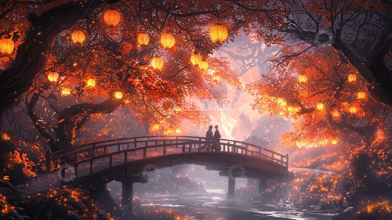 高清大图下载【趣麦麦图】梦幻灯笼桥边情侣