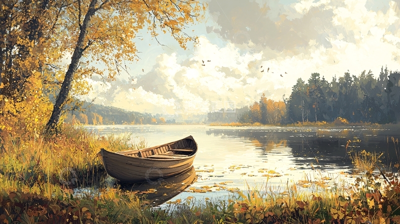 高清大图下载【趣麦麦图】秋日湖畔的静谧小船
