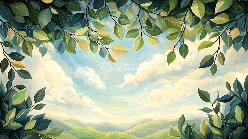 高清大图下载【趣麦麦图】绿色树叶下的天空