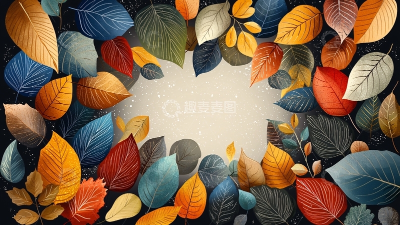 高清大图下载【趣麦麦图】彩色树叶围绕中心的留白
