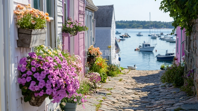 高清大图下载【趣麦麦图】海边小镇房屋鲜花盛开