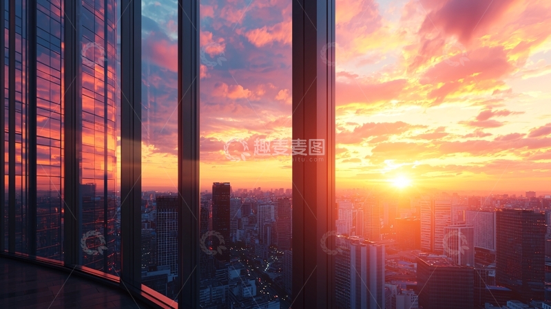 高清大图下载【趣麦麦图】城市高楼窗外日落景色