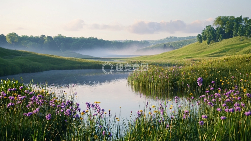 高清大图下载【趣麦麦图】宁静的湖畔田园风光