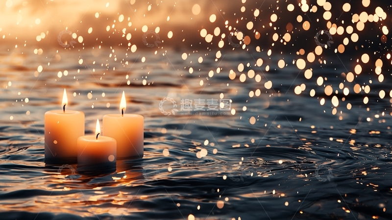高清大图下载【趣麦麦图】-水中漂浮的蜡烛和闪烁光点