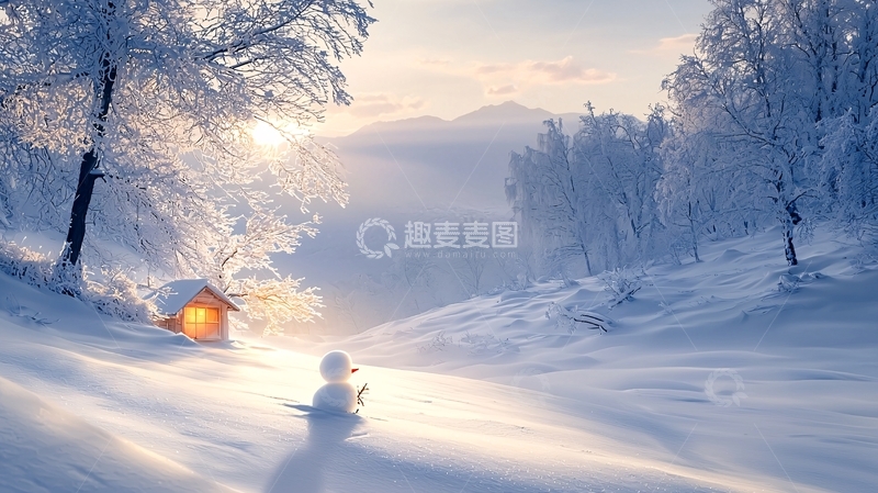 高清大图下载【趣麦麦图】雪地小屋与雪人