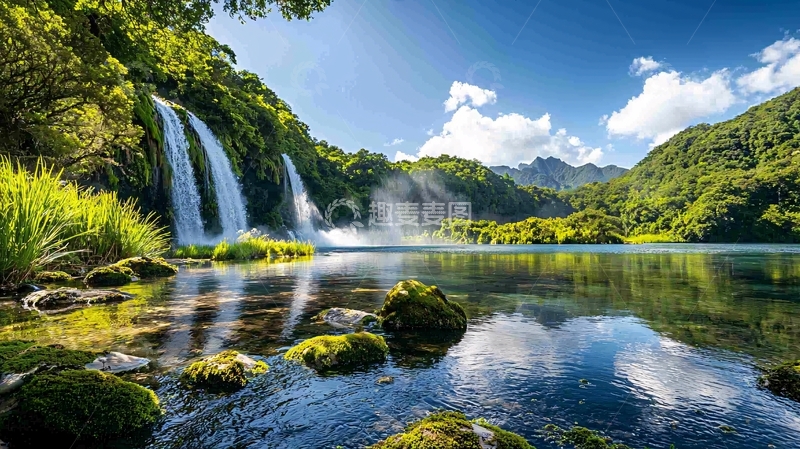 高清大图下载【趣麦麦图】宁静湖面倒影瀑布森林