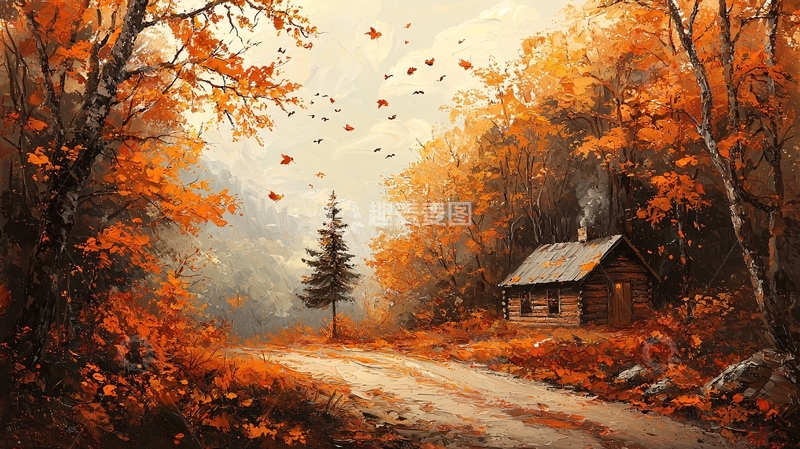 高清大图下载【趣麦麦图】秋日小屋森林风景