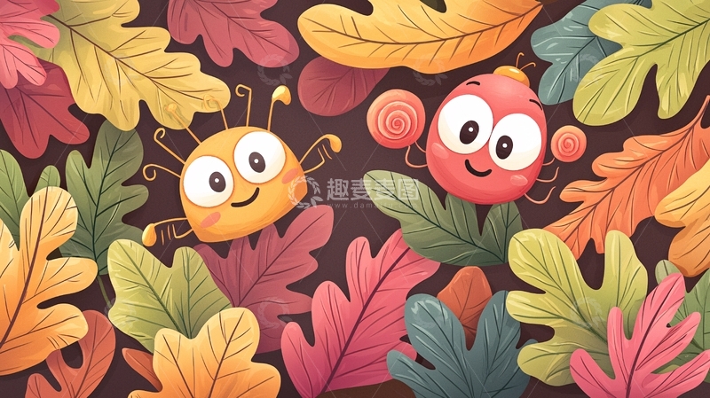 高清大图下载【趣麦麦图】卡通昆虫在彩色落叶中