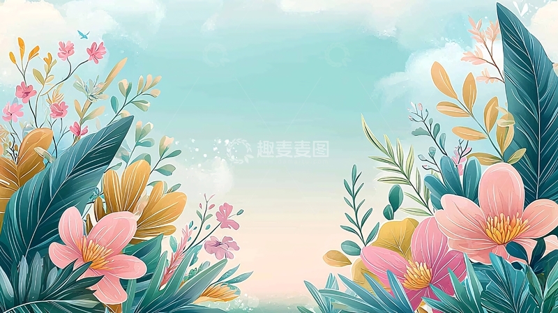 高清大图下载【趣麦麦图】粉色花朵绿叶天空背景