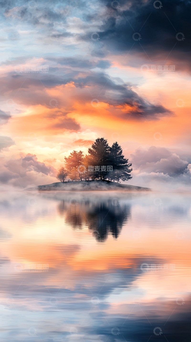 高清大图下载【趣麦麦图】宁静湖面岛屿唯美日落