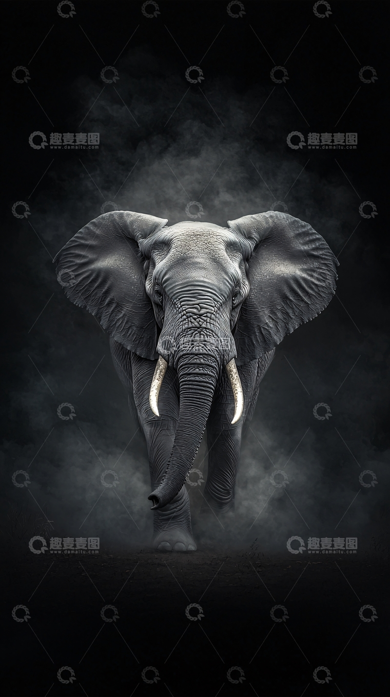 高清大图下载【趣麦麦图】雄壮大象冲出迷雾