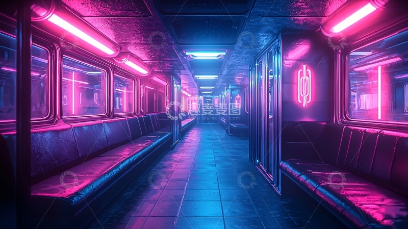 高清大图下载【趣麦麦图】地铁车厢的霓虹灯光夜景