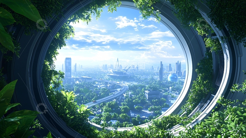 高清大图下载【趣麦麦图】未来城市透过绿色圆窗