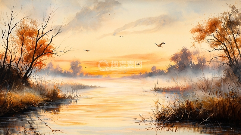 高清大图下载【趣麦麦图】秋日金色湖面上的鸟群