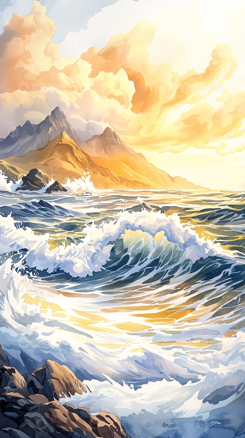 高清大图下载【趣麦麦图】海浪拍打岩石的山脉水彩画