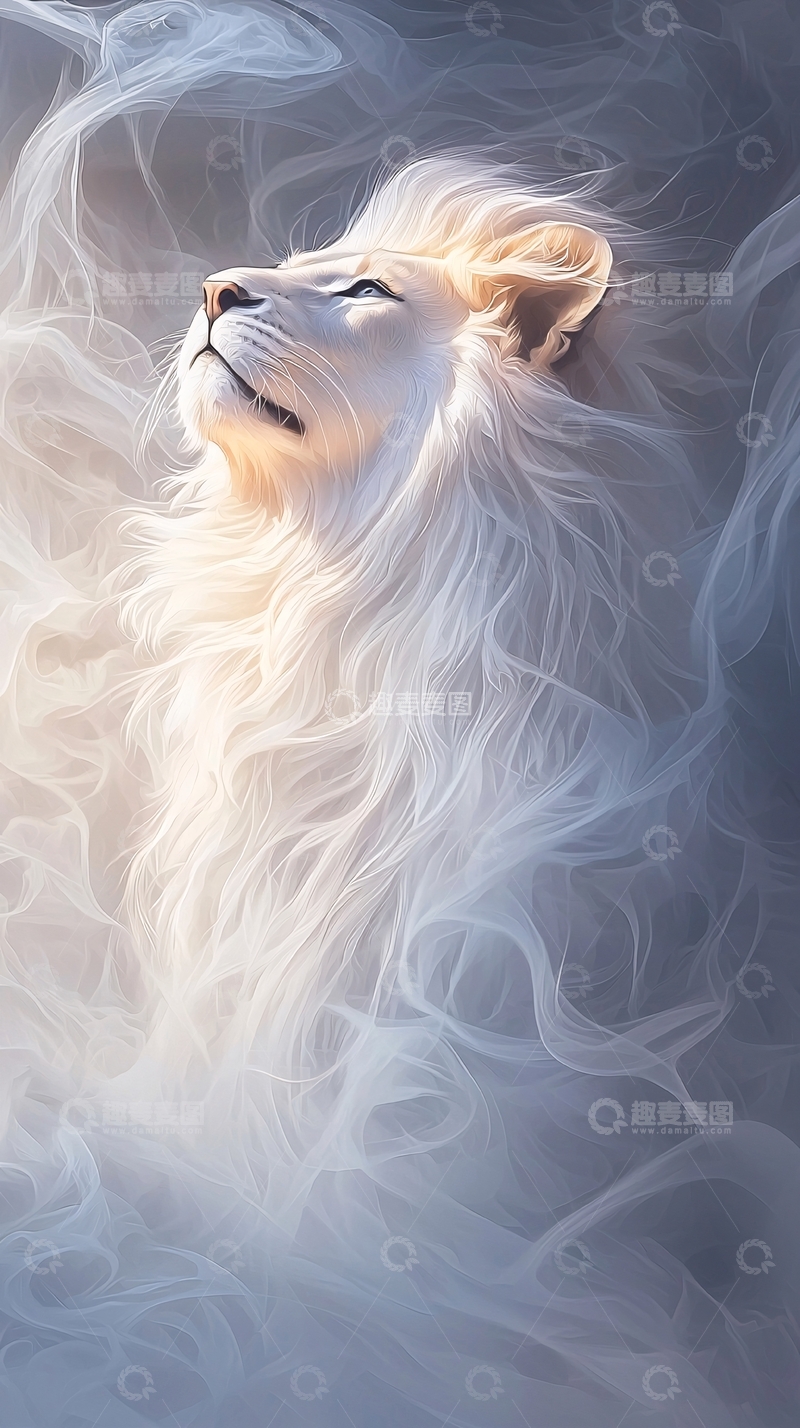 高清大图下载【趣麦麦图】白狮在烟雾中仰望天空