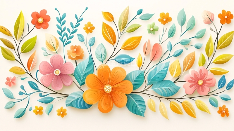 高清大图下载【趣麦麦图】彩色花卉和树叶的装饰图案