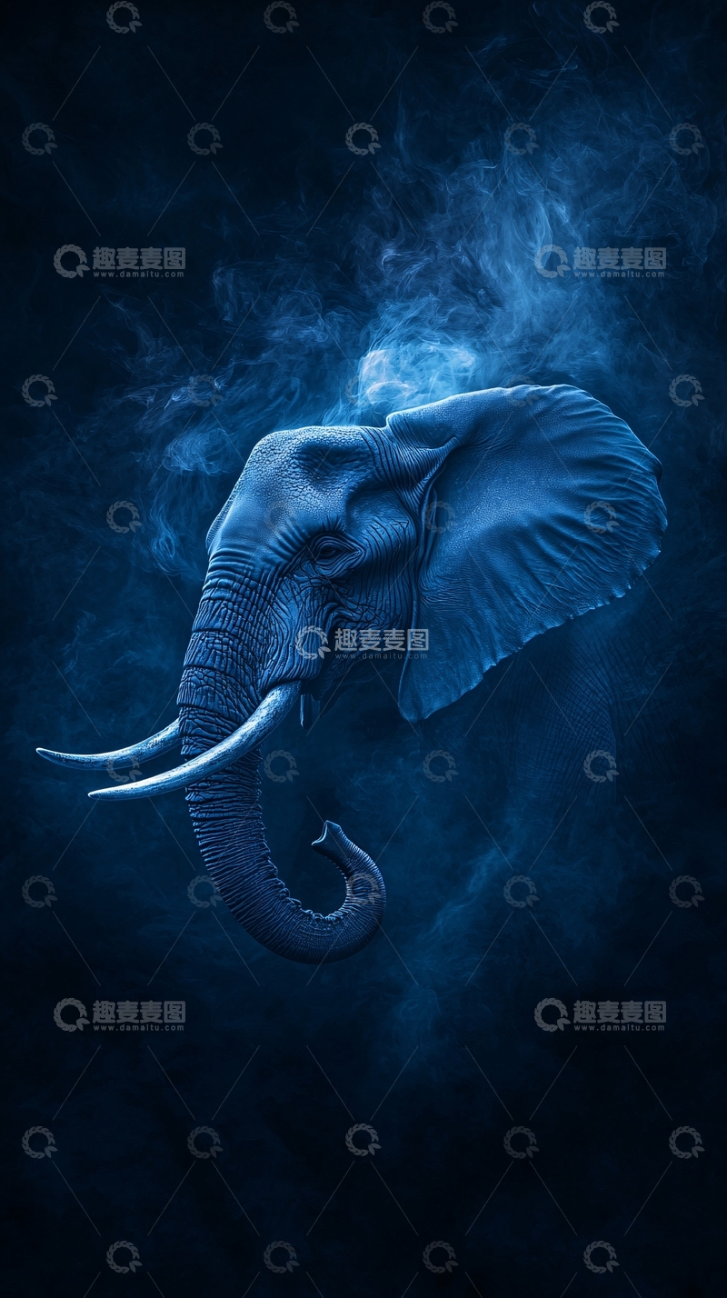 高清大图下载【趣麦麦图】深蓝色烟雾中的大象侧脸