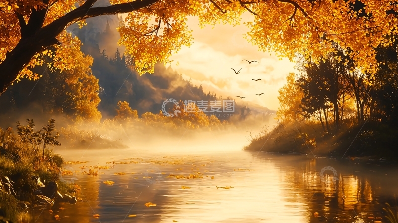 高清大图下载【趣麦麦图】秋日金色湖面晨雾