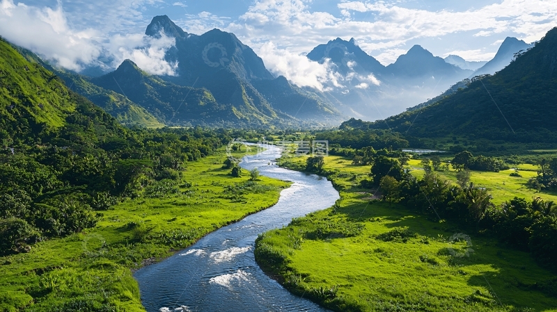 高清大图下载【趣麦麦图】青山绿水间的蜿蜒河流