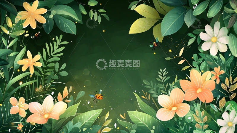 高清大图下载【趣麦麦图】植物花卉围绕的深色背景