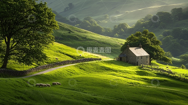 高清大图下载【趣麦麦图】田园小屋绿草地