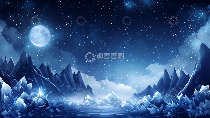 高清大图下载【趣麦麦图】夜空中的月亮照亮雪山