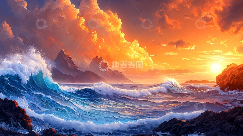 高清大图下载【趣麦麦图】海浪撞击岩石的日出
