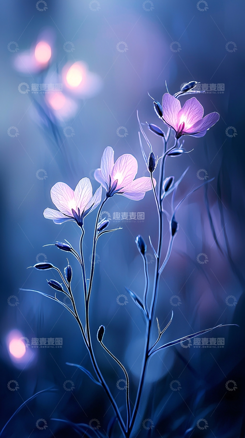 高清大图下载【趣麦麦图】发光的花朵在蓝色背景中