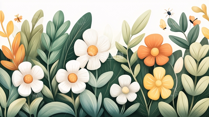 高清大图下载【趣麦麦图】卡通风格的花朵和绿叶
