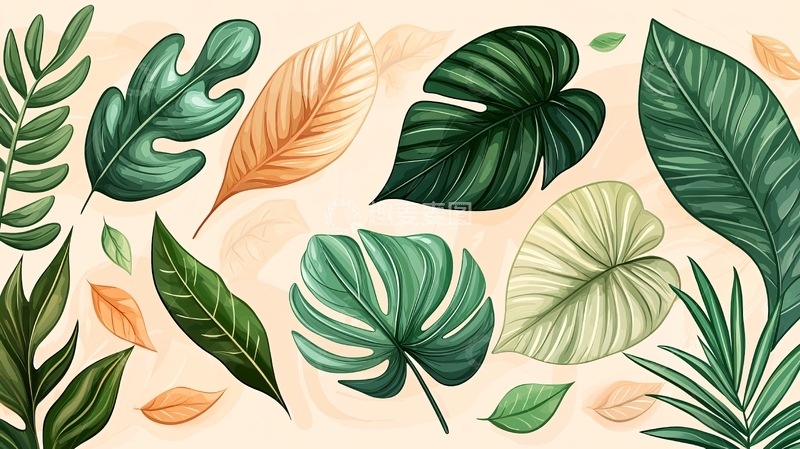 高清大图下载【趣麦麦图】热带植物叶子水彩风格