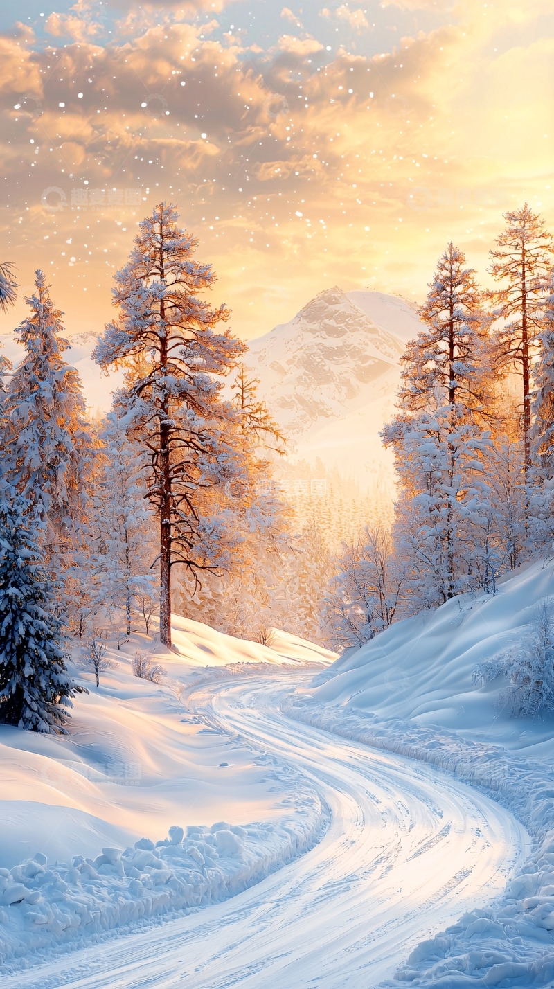 高清大图下载【趣麦麦图】冬日雪山森林日出唯美场景