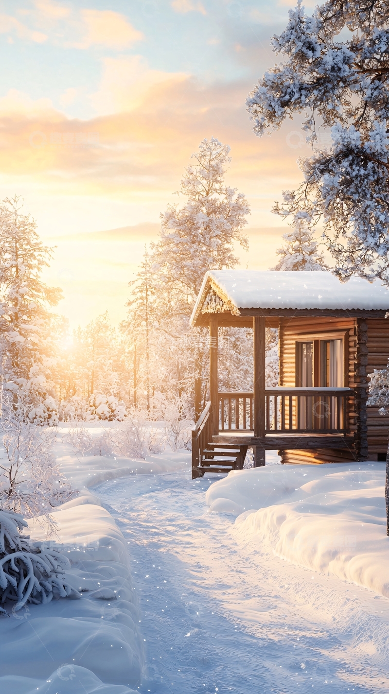 高清大图下载【趣麦麦图】雪中木屋冬日暖阳