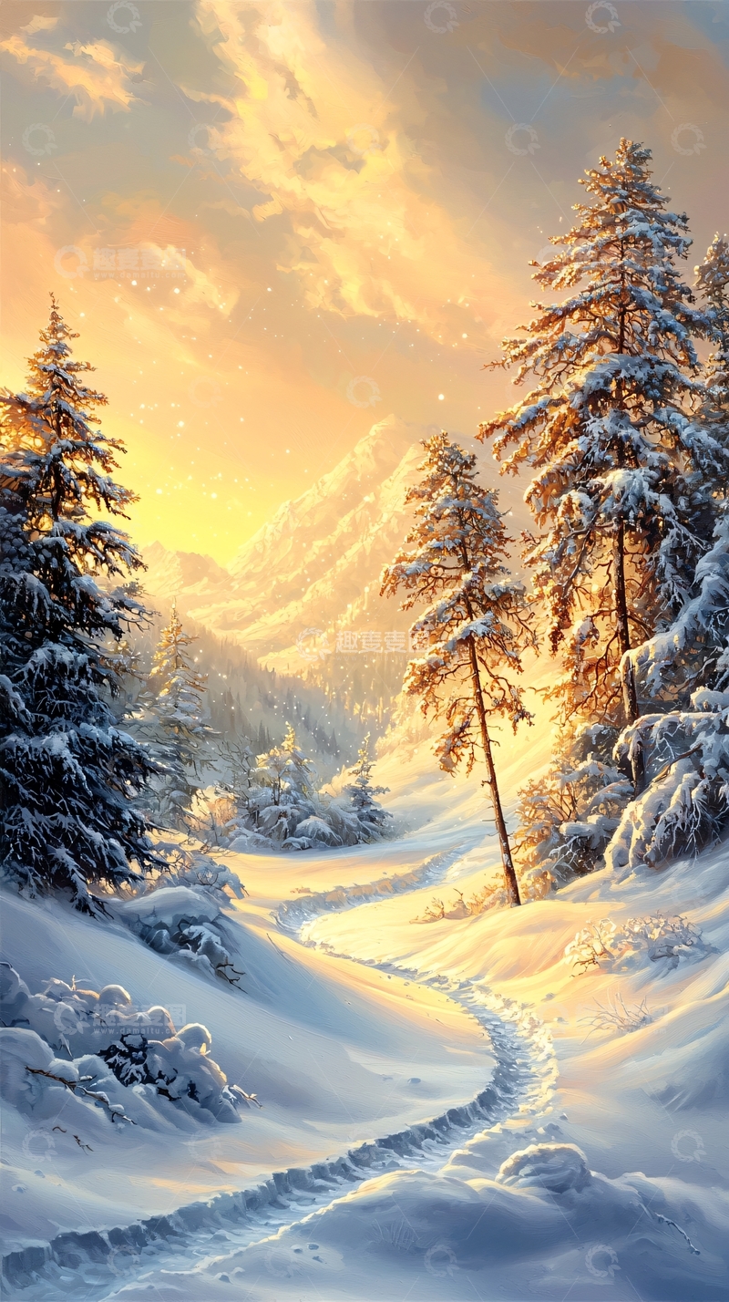 高清大图下载【趣麦麦图】雪山日落金色光辉