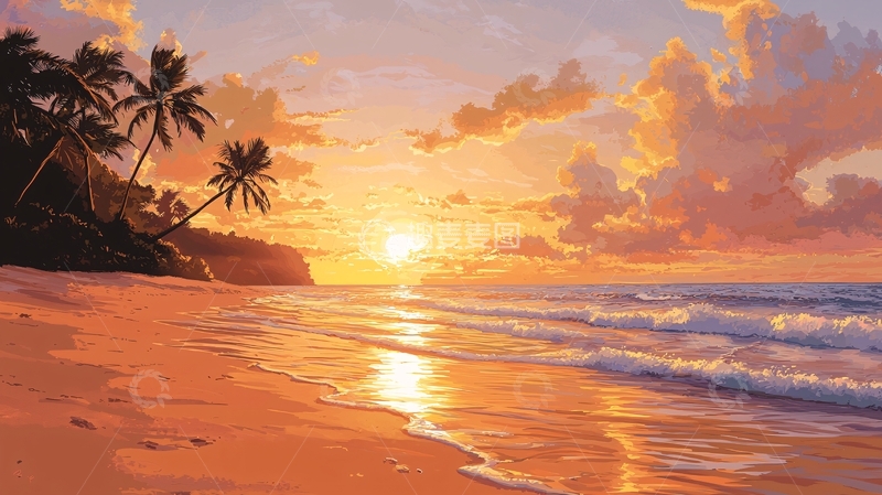 高清大图下载【趣麦麦图】热带海滩的金色日落