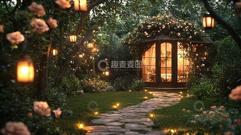 高清大图下载【趣麦麦图】童话小屋花园夜景