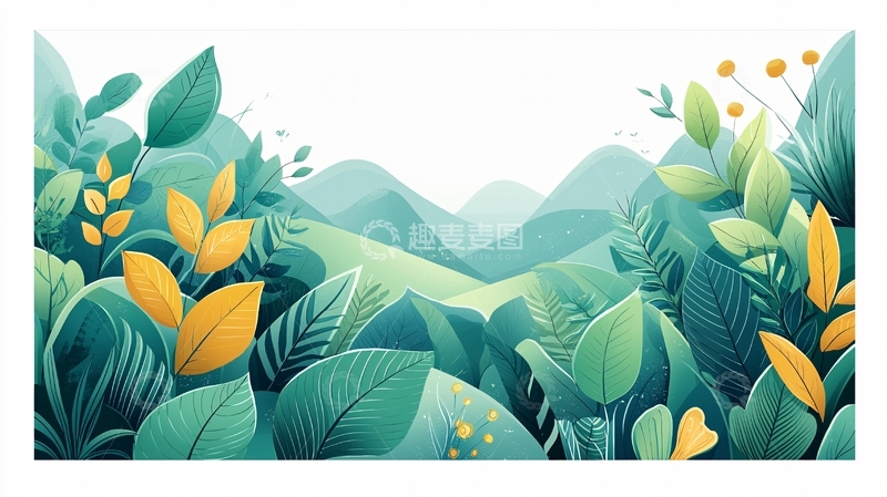 高清大图下载【趣麦麦图】清新绿色山峦植物插画