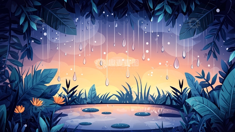 高清大图下载【趣麦麦图】雨中森林池塘卡通背景