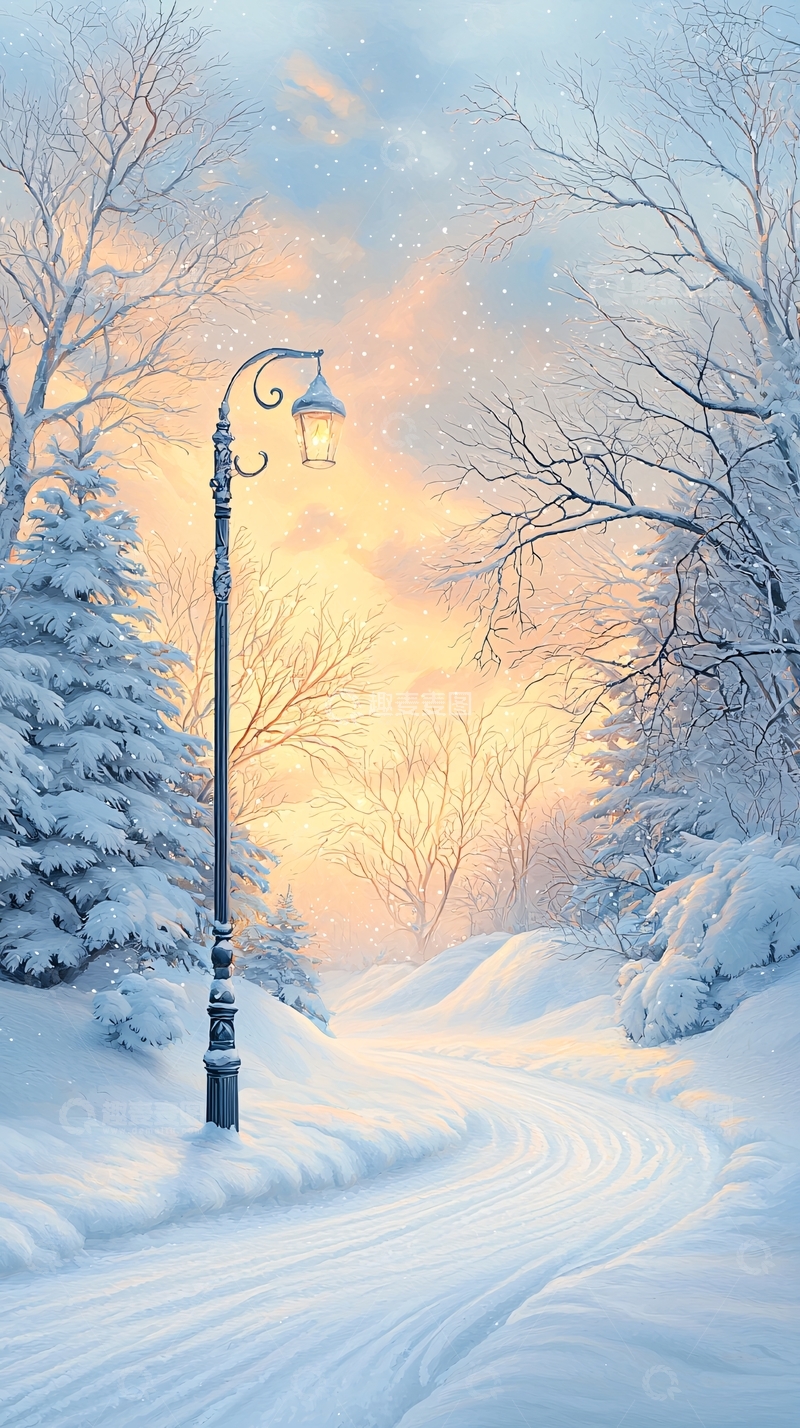 高清大图下载【趣麦麦图】冬日雪景路灯唯美氛围