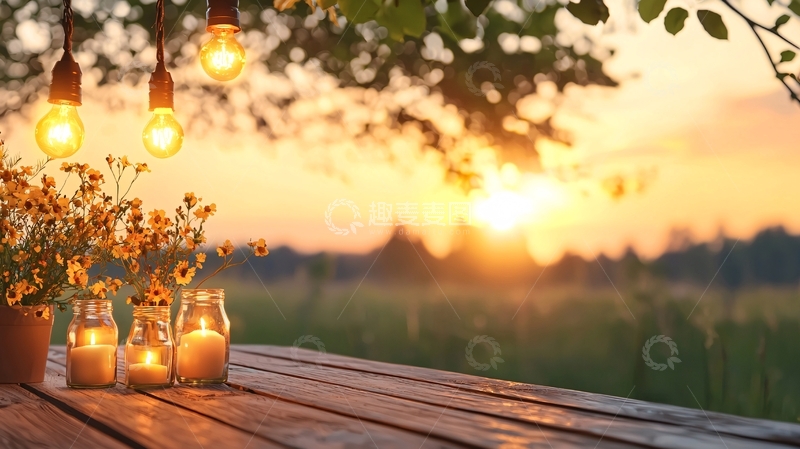 高清大图下载【趣麦麦图】花园木桌上的花灯和日落