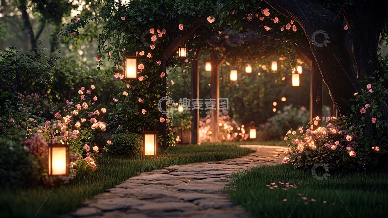 高清大图下载【趣麦麦图】灯光摇曳的花园小径