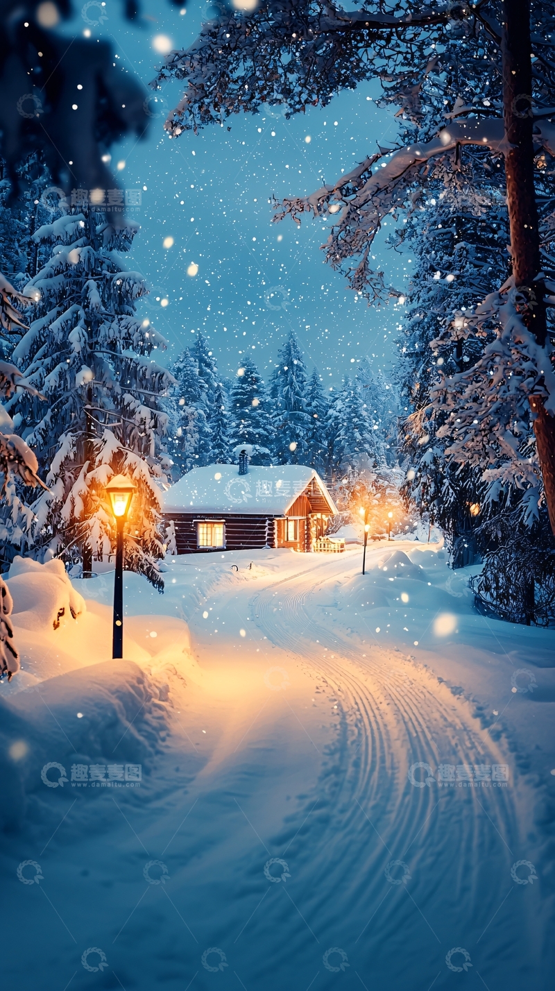 高清大图下载【趣麦麦图】雪夜森林小屋